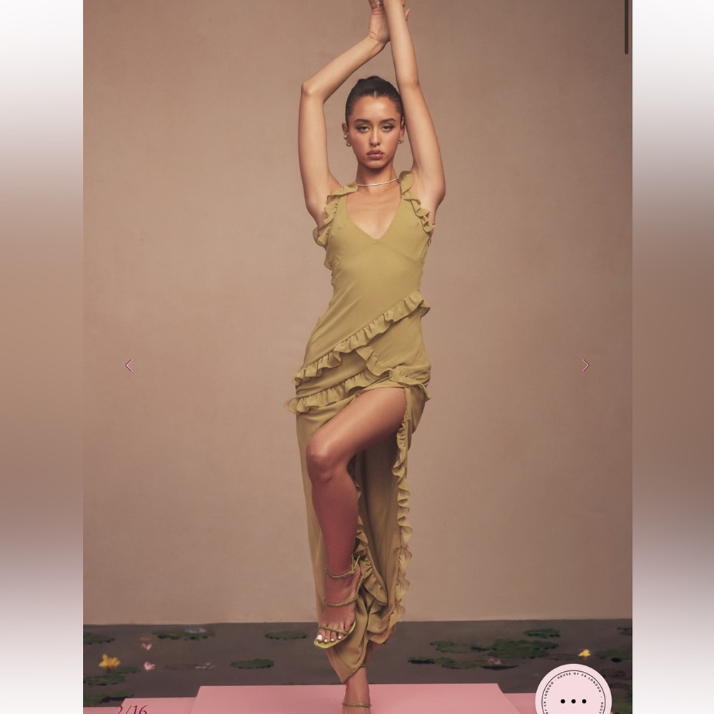 House of CB Asymmetrical Pixie Ruffle Olive Dress